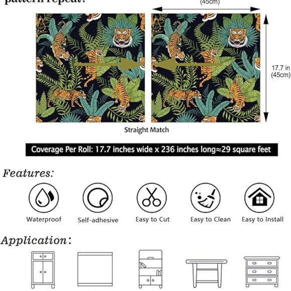 CHIHUT 17.7”x236” Woodland Tiger Peel Stick Wallpaper Jungle Leaf Removeable - Picture 4 of 7